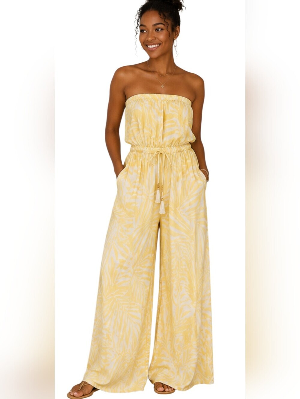 True Destination Yellow Palm Print Strapless Wide Leg Jumpsuit XS NWOT